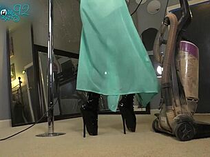 milf ballerina vacuums in tight hobble boots heels lingerie