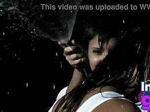 Brunettes' naked carwash teases juicy tits?