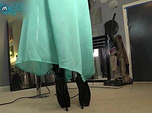 milf ballerina vacuums in tight hobble boots heels lingerie