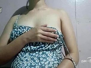 Amateur asian babe touches her naked body