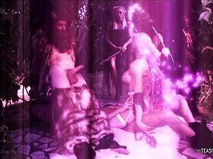 Outdoor threesome between two guys in costumes and a horny cock sucking blonde milf