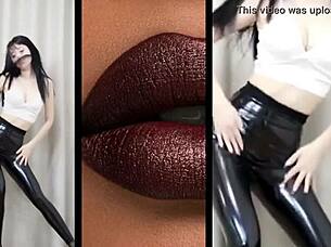 Chinese girl dances playfully in shiny PVC pants