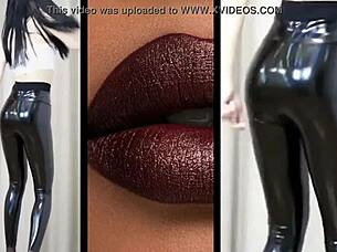 Chinese girl dances playfully in shiny PVC pants