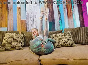 Anal solo tattoo girl plays with xl dildo