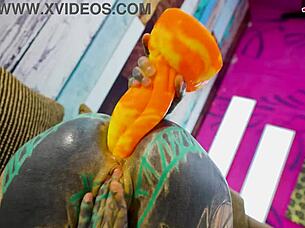 Anal solo tattoo girl plays with xl dildo