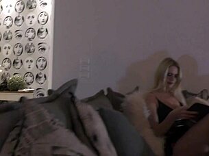 Mini skirt no panties no bra wife on the couch tries to read without flashing her pussy and nice legs