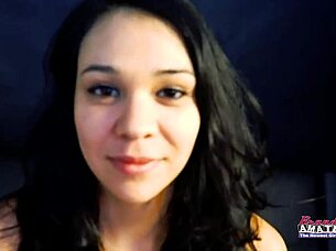 cute brunette sabrina masturbates and blows a juicy cock to get jizzed
