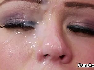 frisky beauty gets sperm load on her face swallowing all the jizz