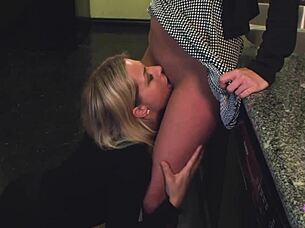 After a lot of chatting these two sexy blonde lesbians got busy in the kitchen