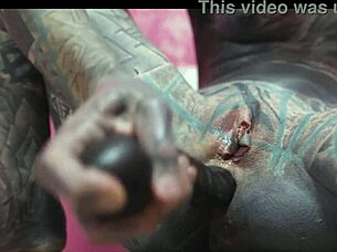 Skinny tattooed girl work wear gets horny painting solo masturbation anal gapes squirt