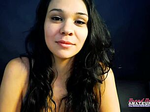 cute brunette sabrina masturbates and blows a juicy cock to get jizzed