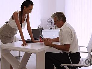 incredible brunette catches moment to seduce older man