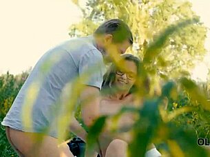 Handsome old man convinces gal for forest sex