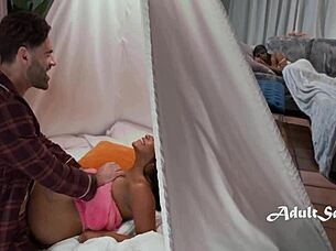 Busty ebony teen rides in tent