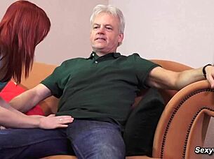 Kinky redhead fucks old man with passion