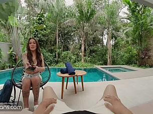 hot latina shemale gives blowjob near pool outdoors