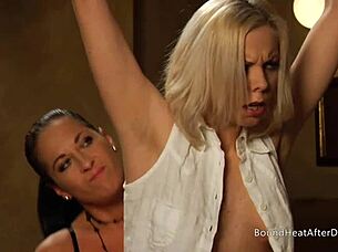 bent over lesbian slave takes massive strapon deep in wet pussy