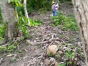 Dirty old man fucks his busty girl in the jungle