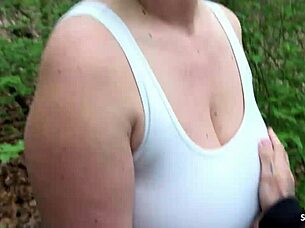 German Curvy Mature Wife In Leggings Gives Risky Public Blowjob