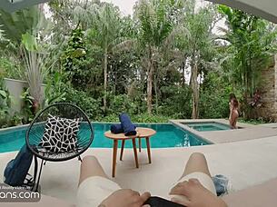 hot latina shemale gives blowjob near pool outdoors