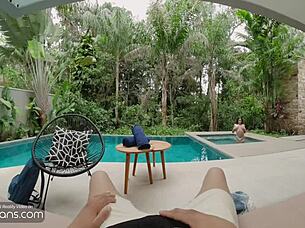 hot latina shemale gives blowjob near pool outdoors