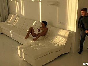 black asian teen jumps on red cock in white room