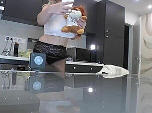hot sexy tight pussy blonde wife shows sheer pantyhose in kitchen