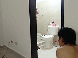 curvy mature woman receives action in bathroom from eager partner
