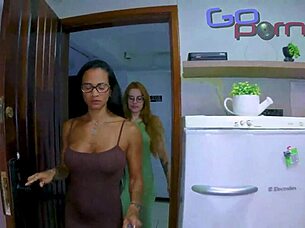 redhead plays with tall brunette friend
