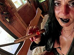 amazon smoking milf in leather big cigar blowjob doggy and double cum on clothes and hair