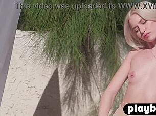 Tiny blonde teen strips in garden