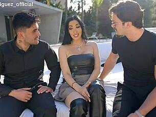 We interview this brunette and she fucks us in the garden on a hardcore threesome - clea gaultier