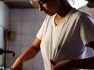 Teen rubbed on the nipples sensually by her boyfriend