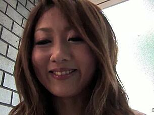 Japanese girl with crotchless jeans sucks and swallows