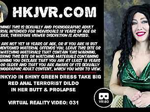 hotkinkyjo in shiny green dress takes big red anal terrorist dildo in her butt & prolapse