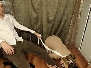 my submissive pregnant wife on a leash sucks my fingers
