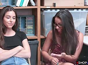 Petite shoplifter teen joins hot threesome fun