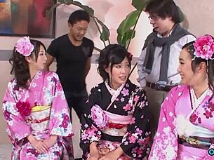 Asian women in cosplay enjoy group oral