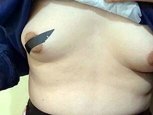 blonde white sissy milks her nipples then slaps them hard using a big dildo
