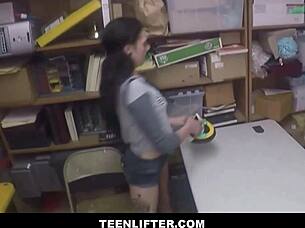 teen shoplifter brunette caught in threesome with officers