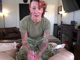 Military woman trains young man in bedroom