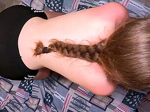 Petite babe helps him cum after run