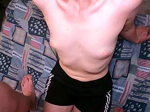 Petite babe helps him cum after run