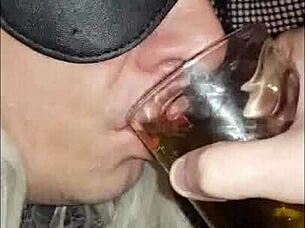 Blindfolded bisexual crossdresser fed his own
