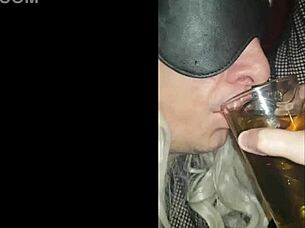 Blindfolded bisexual crossdresser fed his own