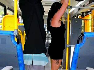 Brunette gets touched while riding the public bus