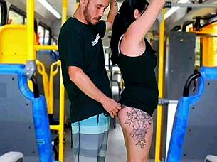 Brunette gets touched while riding the public bus