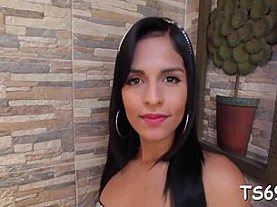 Transsexual rubs her steely shaft