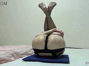 slim japanese girl in fishnet stockings shows off