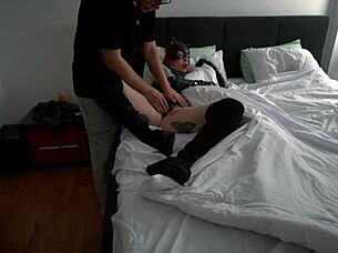 step mom in catwoman suit tricks step son into hot sharebed sex